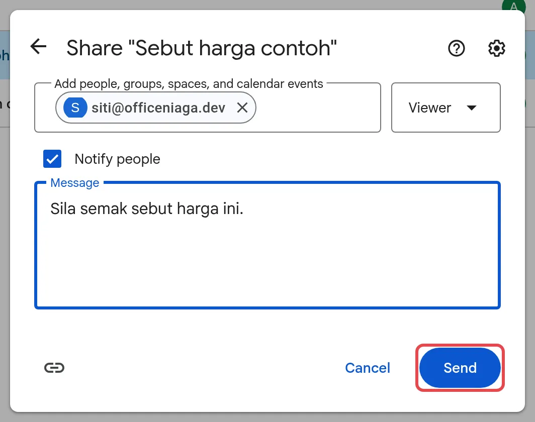 Share box with a short message and the Send button