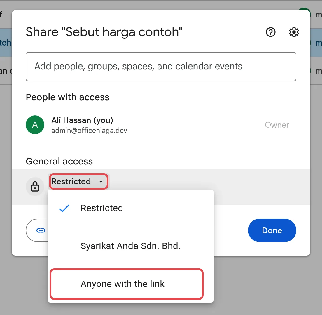 General access menu open with Anyone with the link highlighted