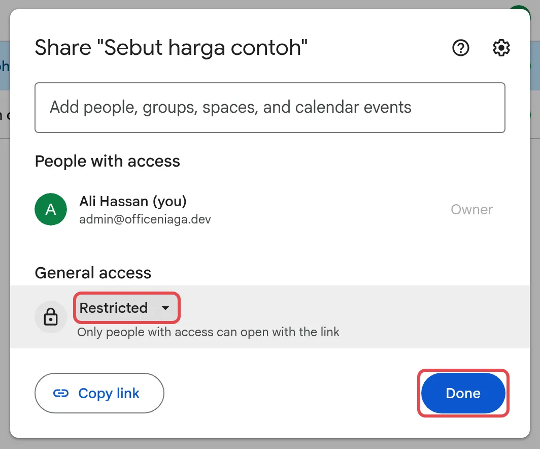 General access set to Restricted and the Done button