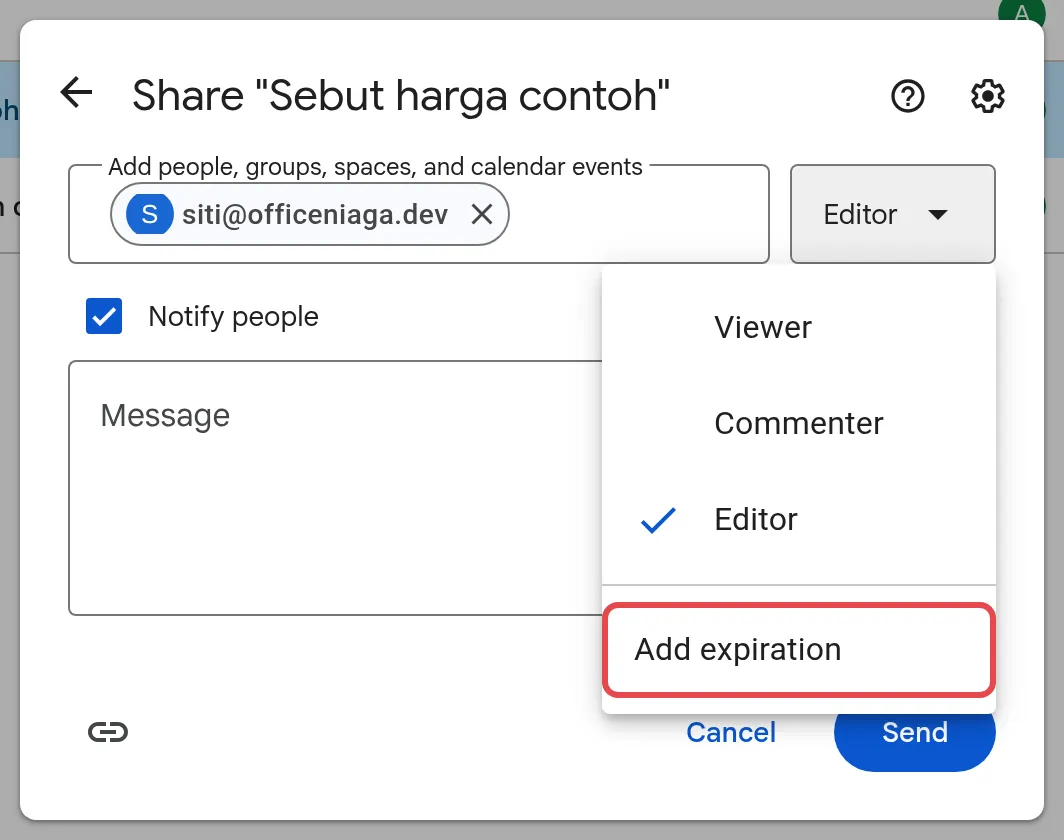 Access menu with Add expiration highlighted