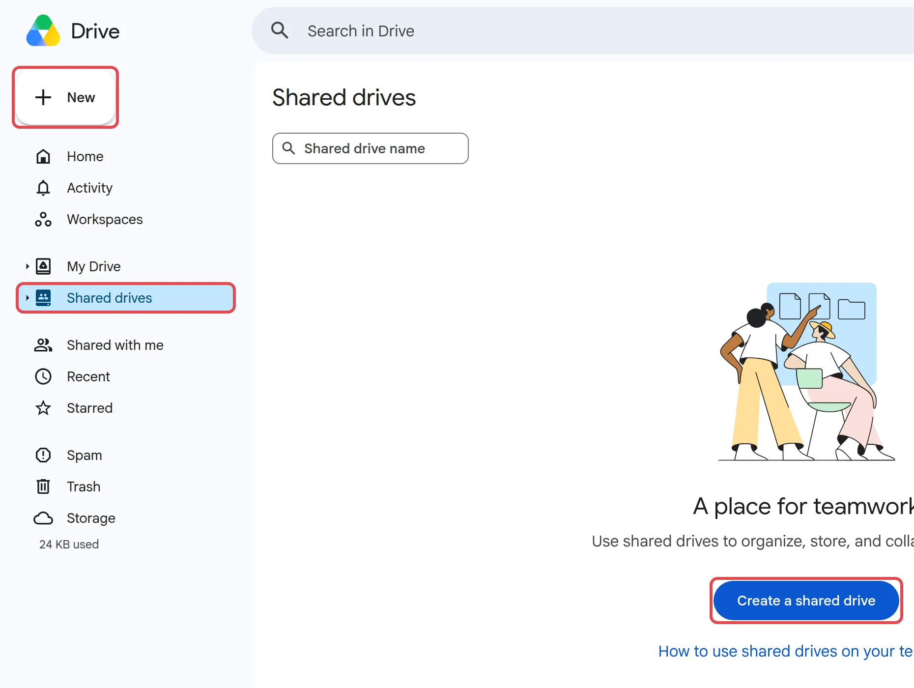 Shared drives page with Shared drives, New and Create a shared drive highlighted