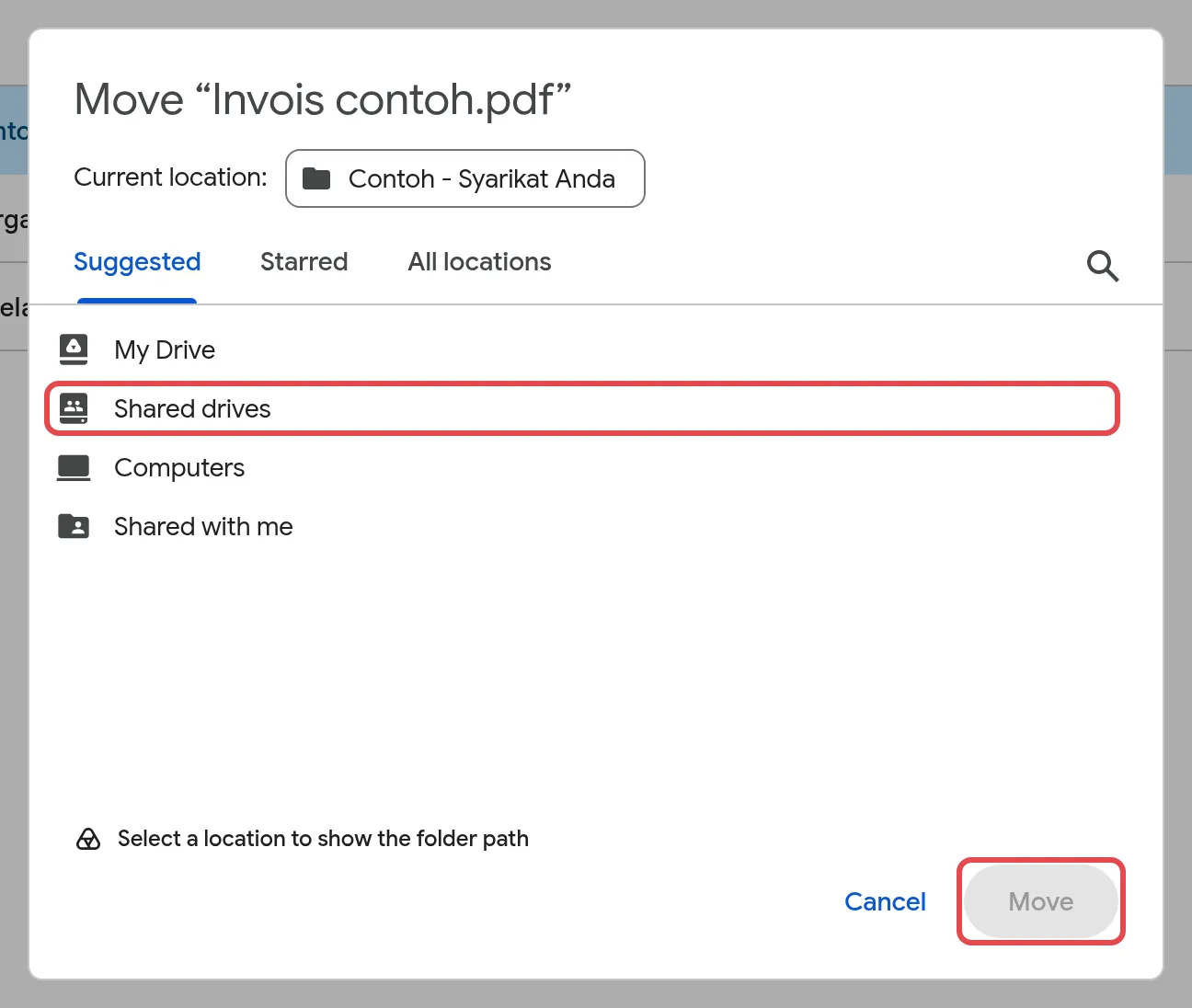 Move box with Shared drives and the Move button highlighted