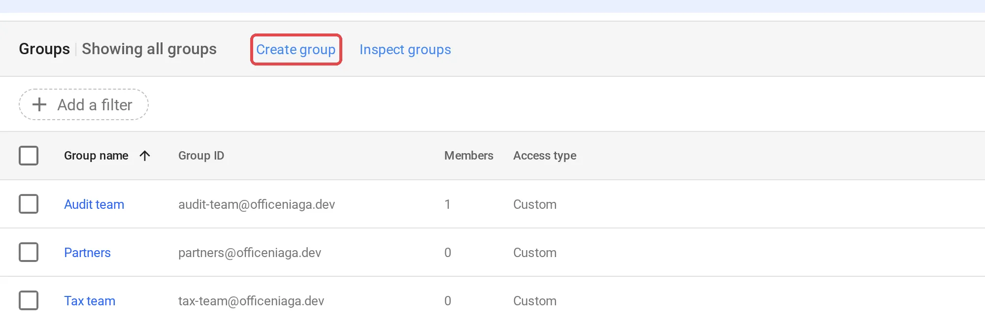 Groups page with the Create group link