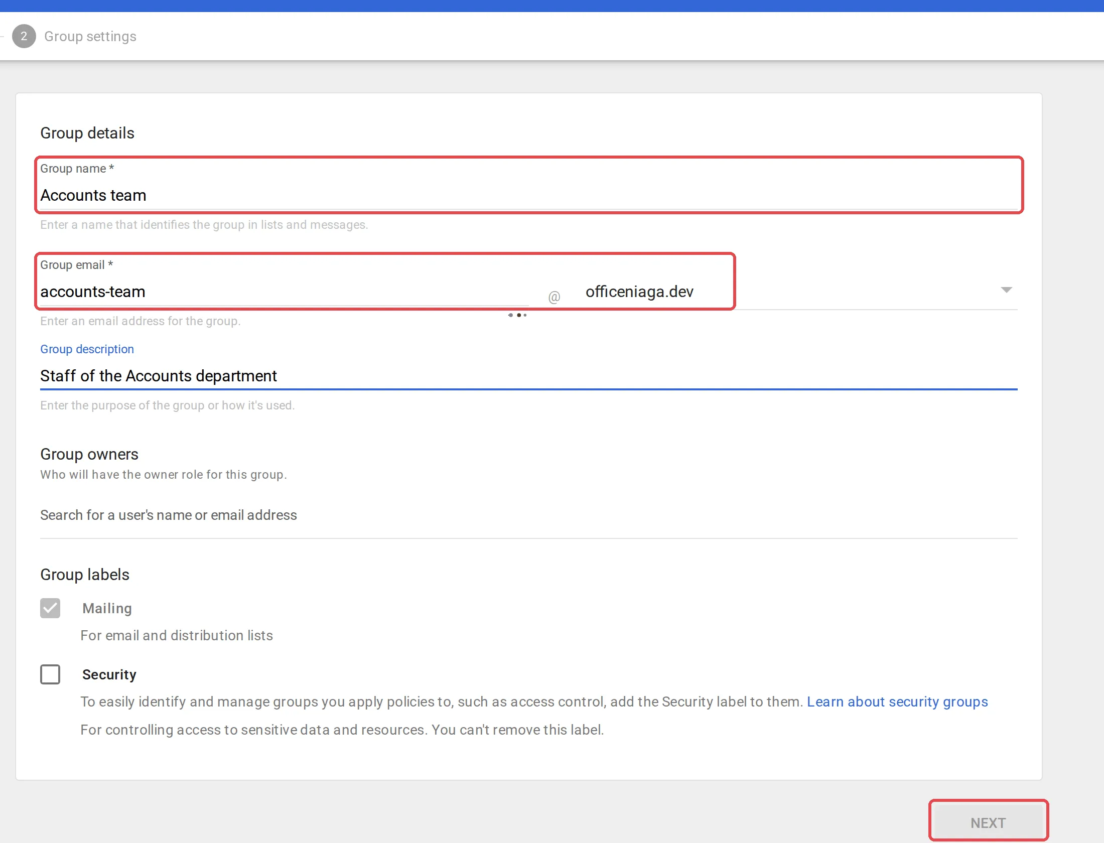 Create group form with a sample group name, group email and description, and the Next button