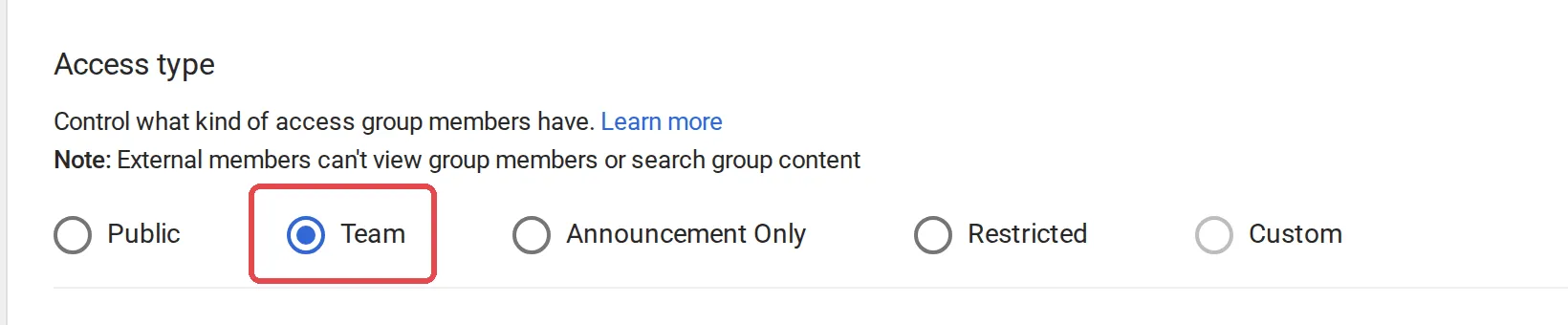 Access type options with Team selected