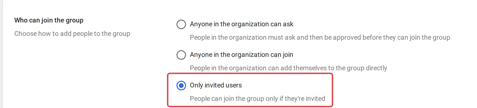 Who can join the group options with Only invited users selected