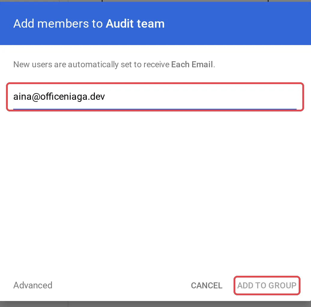 Add members box with a sample staff email and the Add to group button