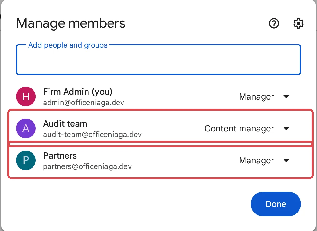 Manage members list with the admin as Manager, the Audit team group as Content manager and the Partners group as Manager