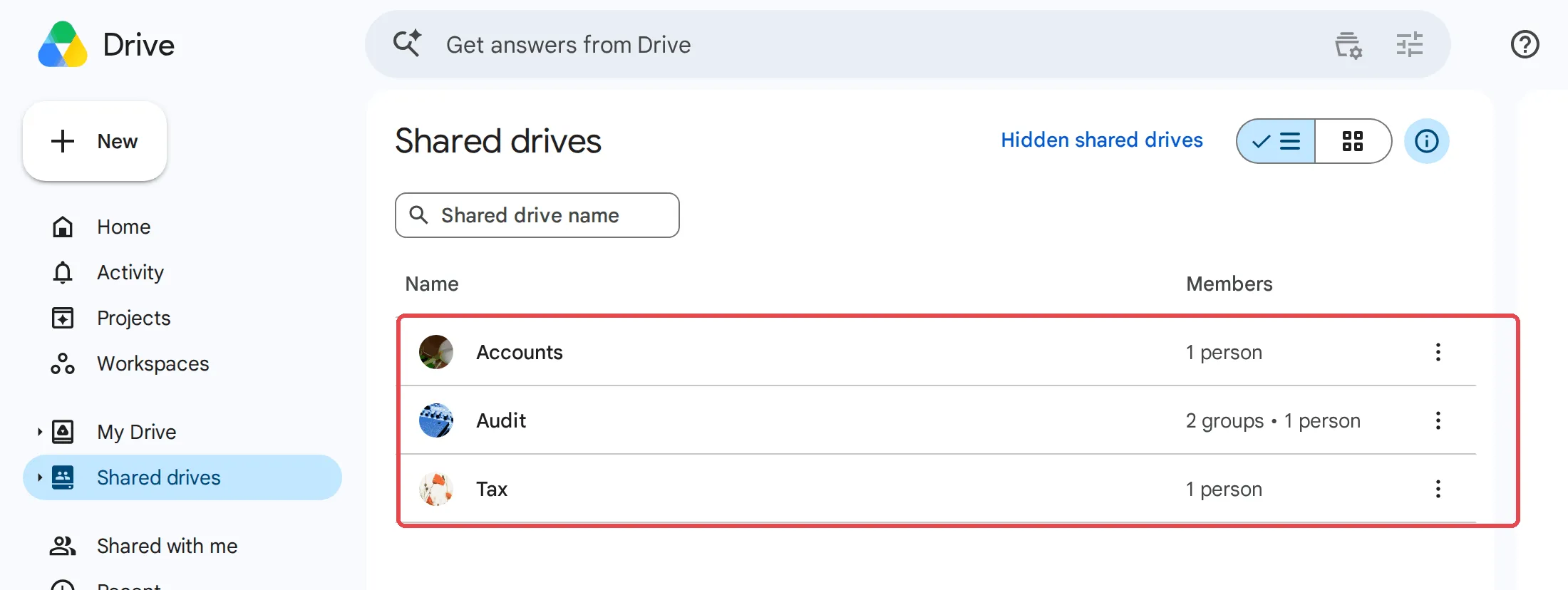 Shared drives list with the Accounts, Audit and Tax shared drives