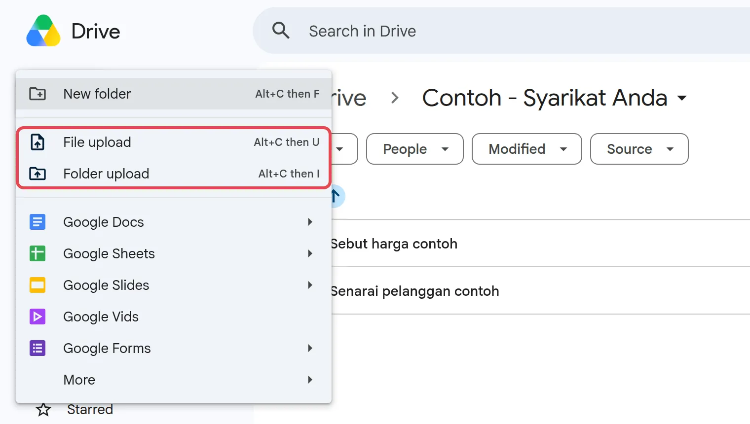 New menu with File upload and Folder upload highlighted