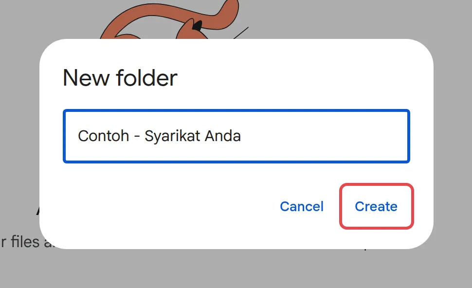 New folder box with a sample folder name and the Create button