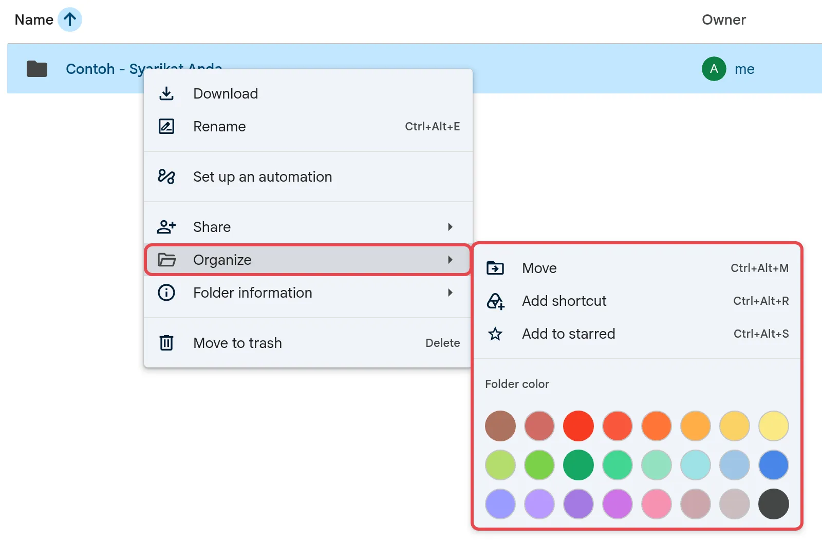 Right-click menu with Organize open, showing Move, Add shortcut, Add to starred and Folder color