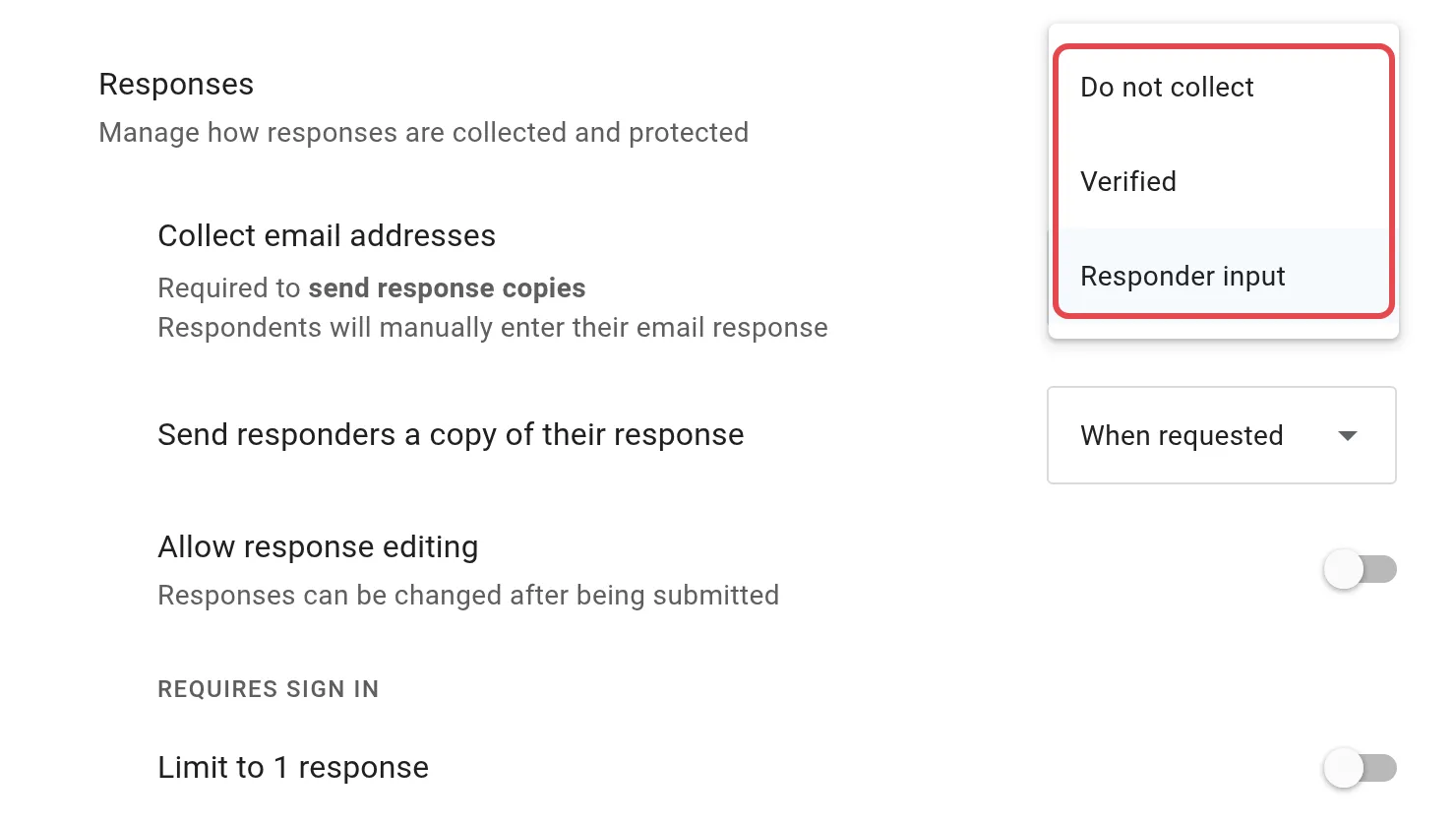 Collect email addresses列表，有Do not collect、Verified和Responder input