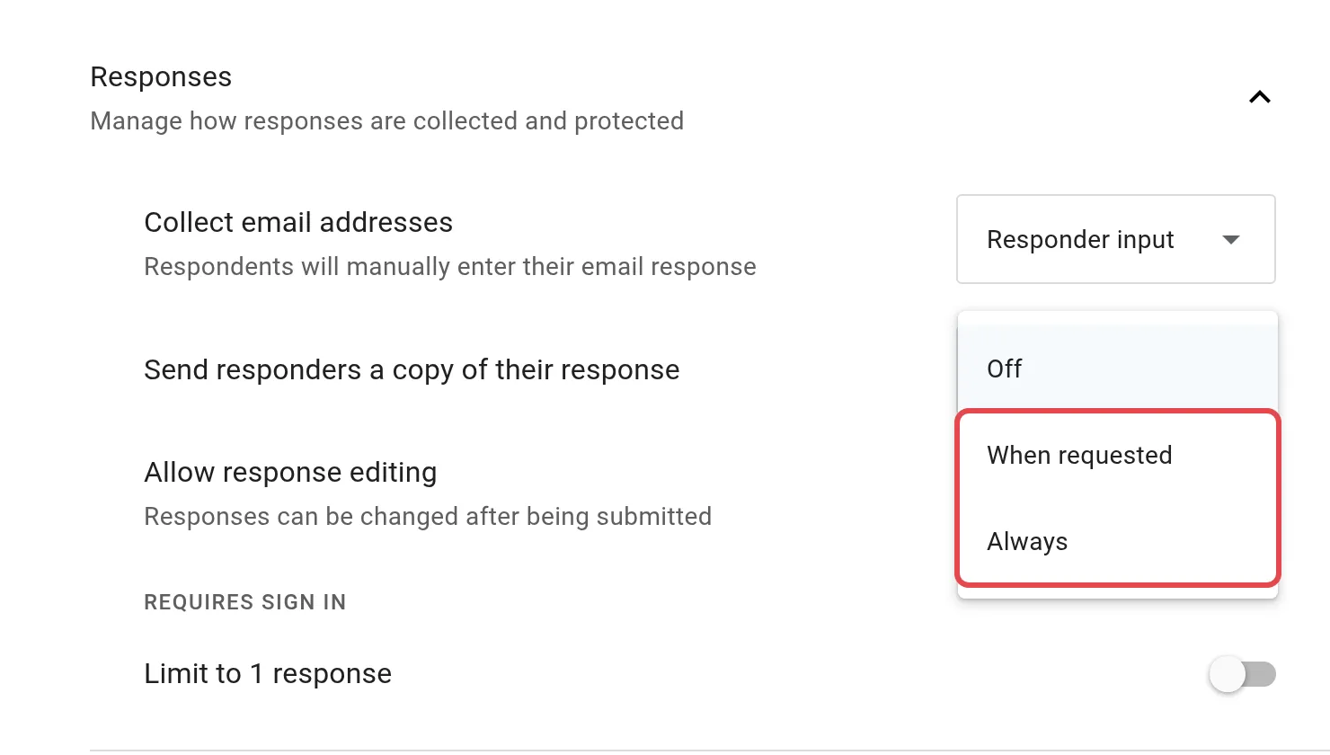 Send responders a copy of their response，有When requested和Always