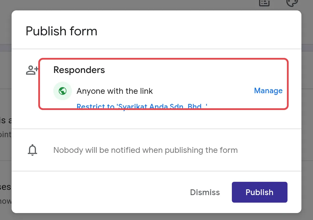 Publish form窗口，有Responders设置和Manage