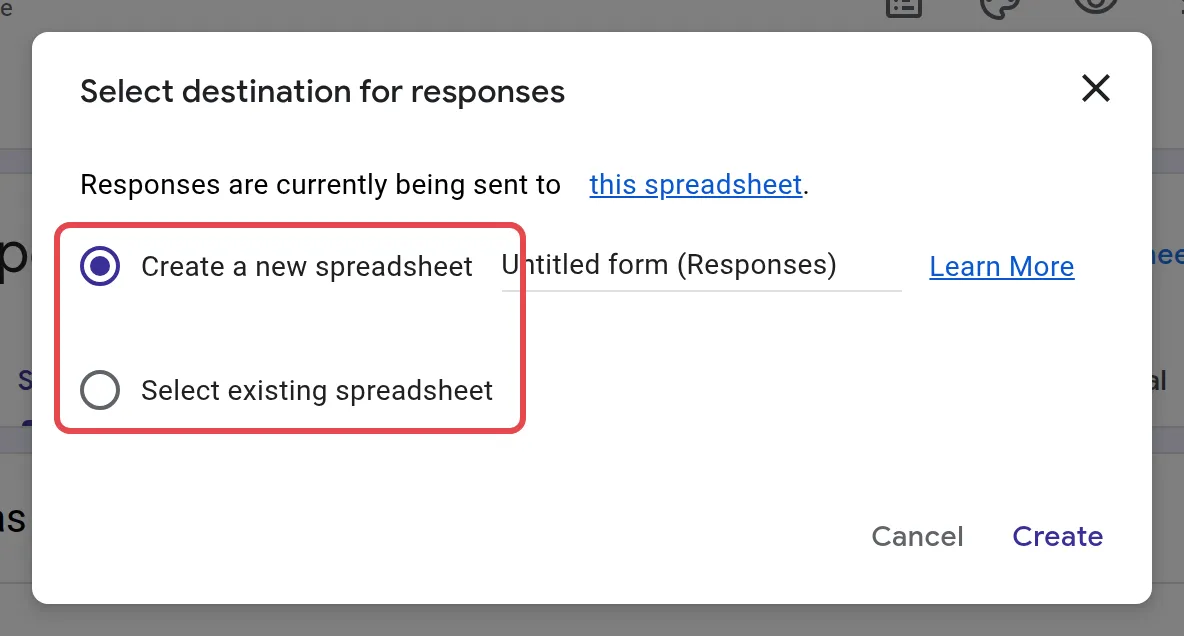 Create a new spreadsheet和Select existing spreadsheet选项