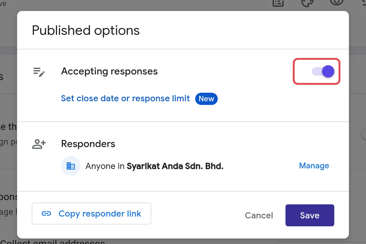 Published选项里的Accepting responses开关