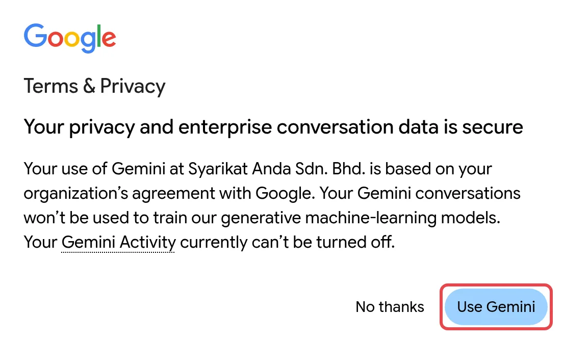 Terms & Privacy box with the Use Gemini button