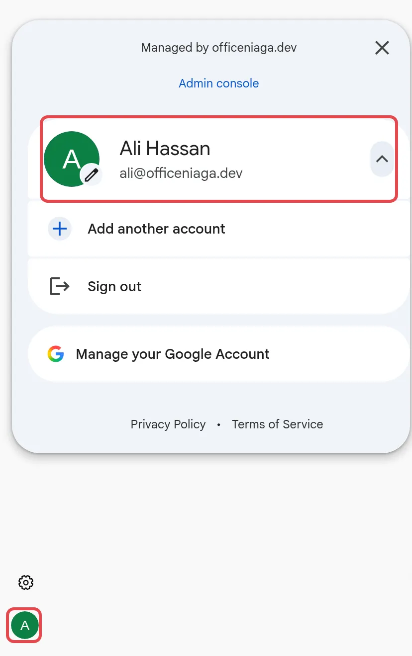 Account card with the work name and email, opened from the profile picture at the bottom left