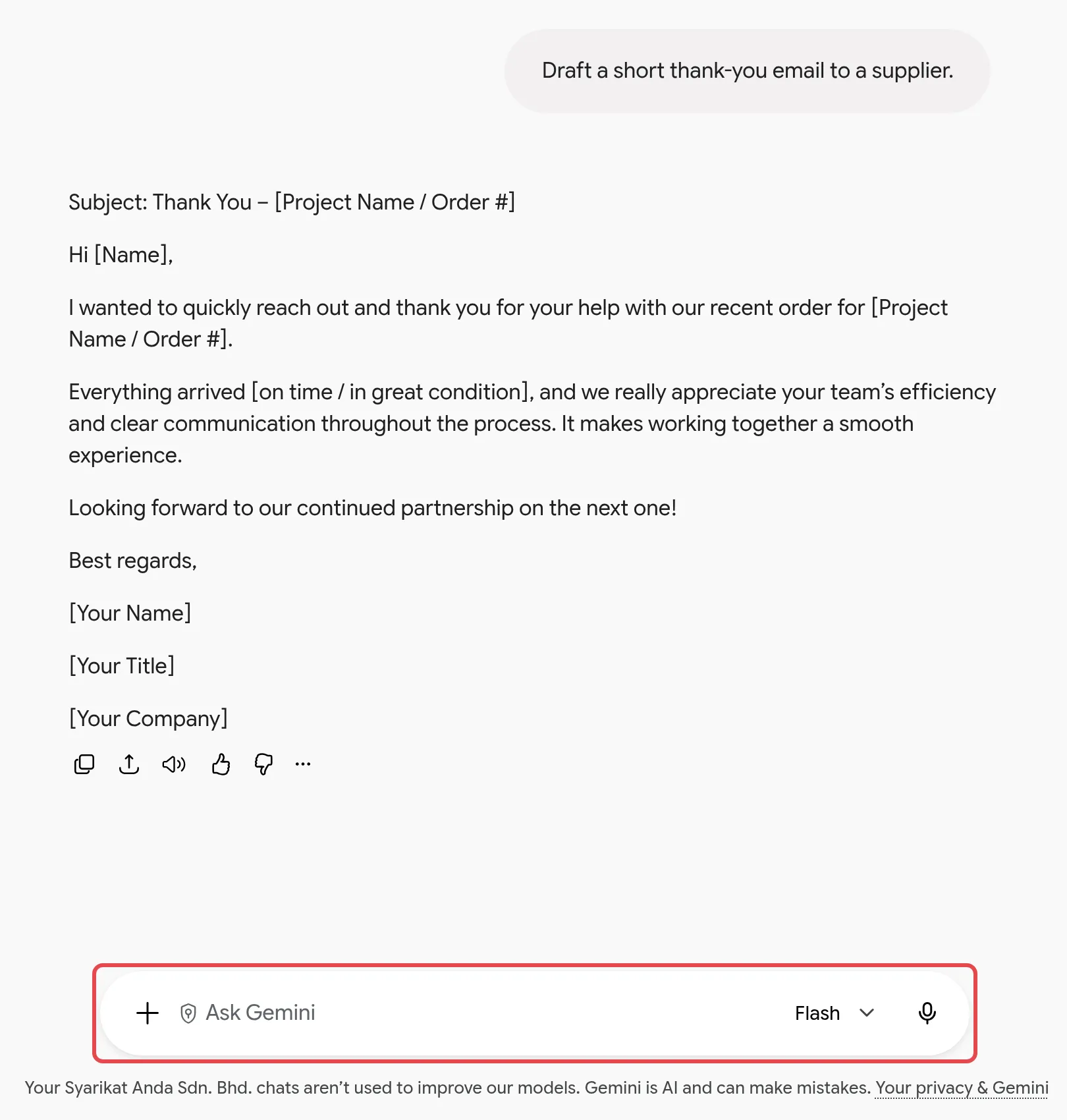 Gemini’s reply to the sample prompt, with the Ask Gemini box at the bottom