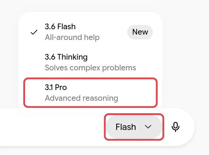 Model picker next to the Ask Gemini box, listing 3.6 Flash, 3.6 Thinking and 3.1 Pro