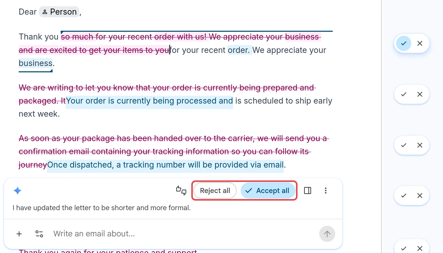 Suggested edits in the document, with Reject all and Accept all in the Gemini bar