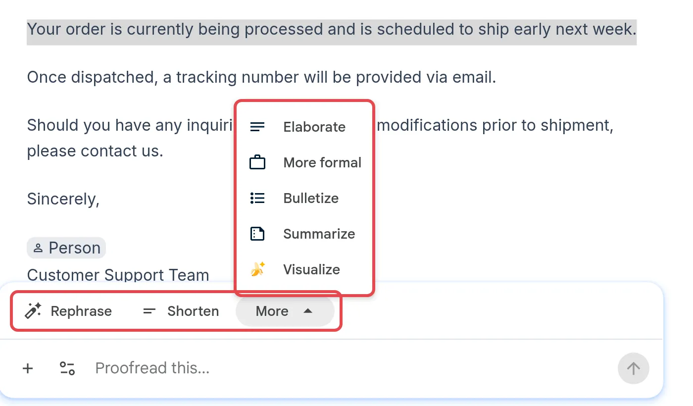 Rephrase, Shorten and the More menu with Elaborate, More formal, Bulletize, Summarize and Visualize