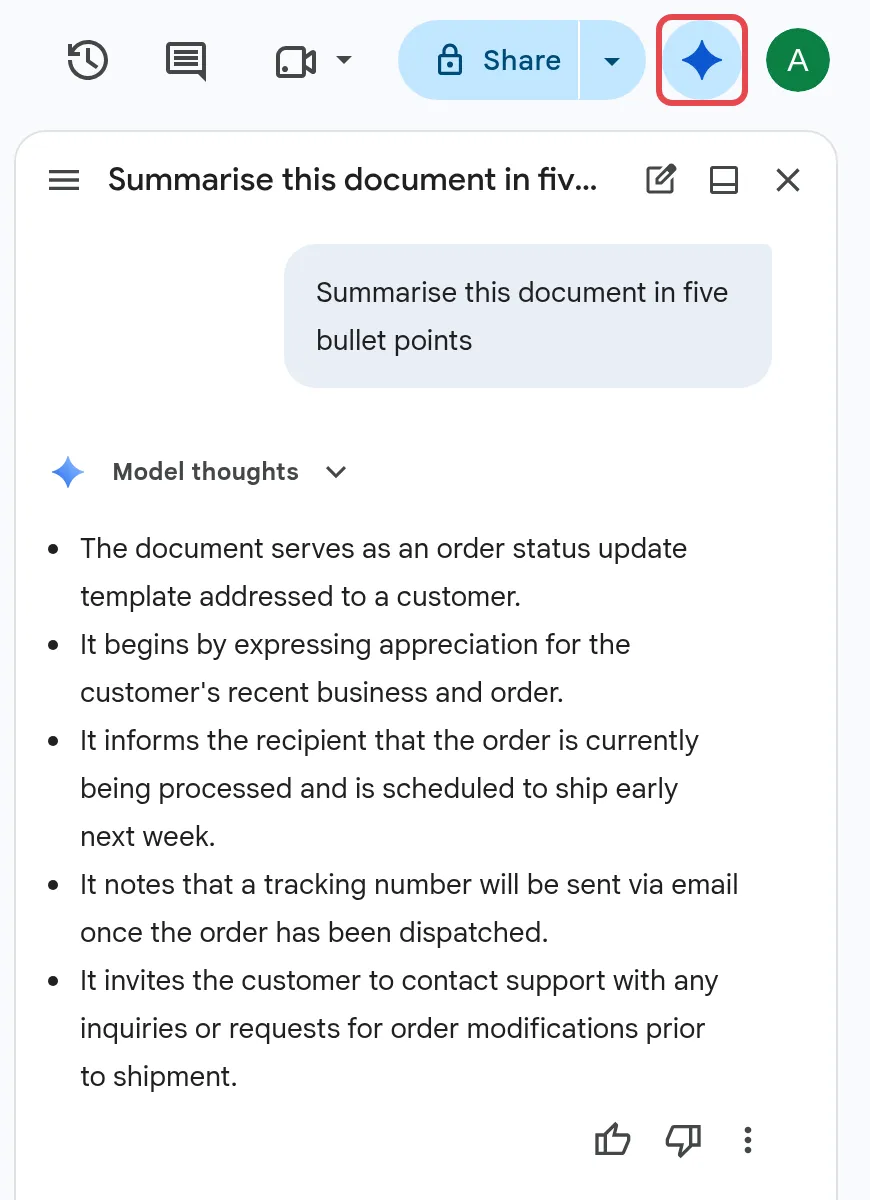 Ask Gemini button and the Gemini side panel with a five-point summary of the document