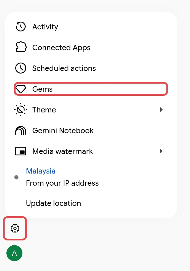 Settings menu at the bottom left with Gems