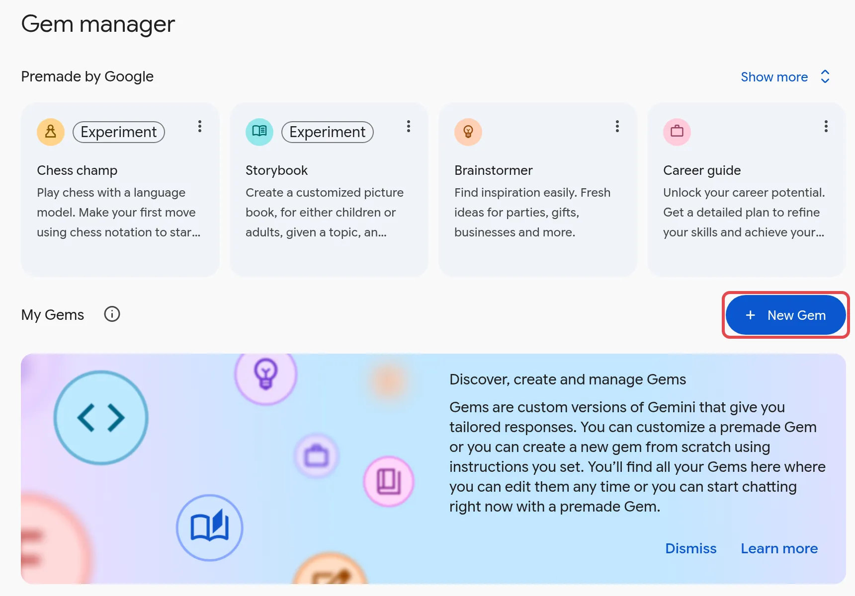 Gem manager with the New Gem button