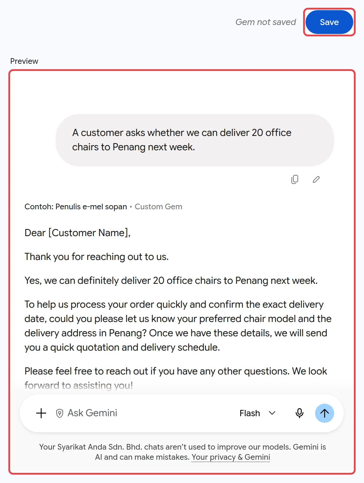 Preview panel with a sample reply, and the Save button