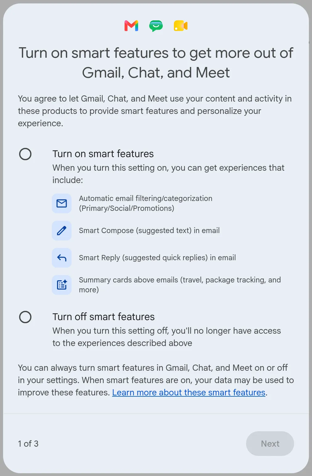 The Turn on smart features to get more out of Gmail, Chat, and Meet box