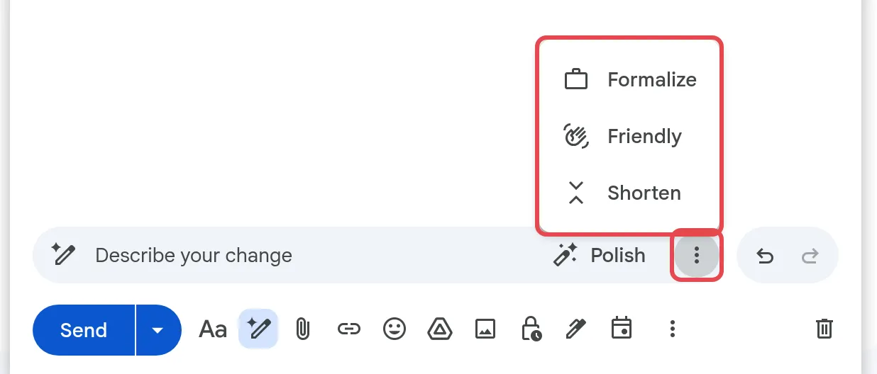 More options menu with Formalize, Friendly and Shorten