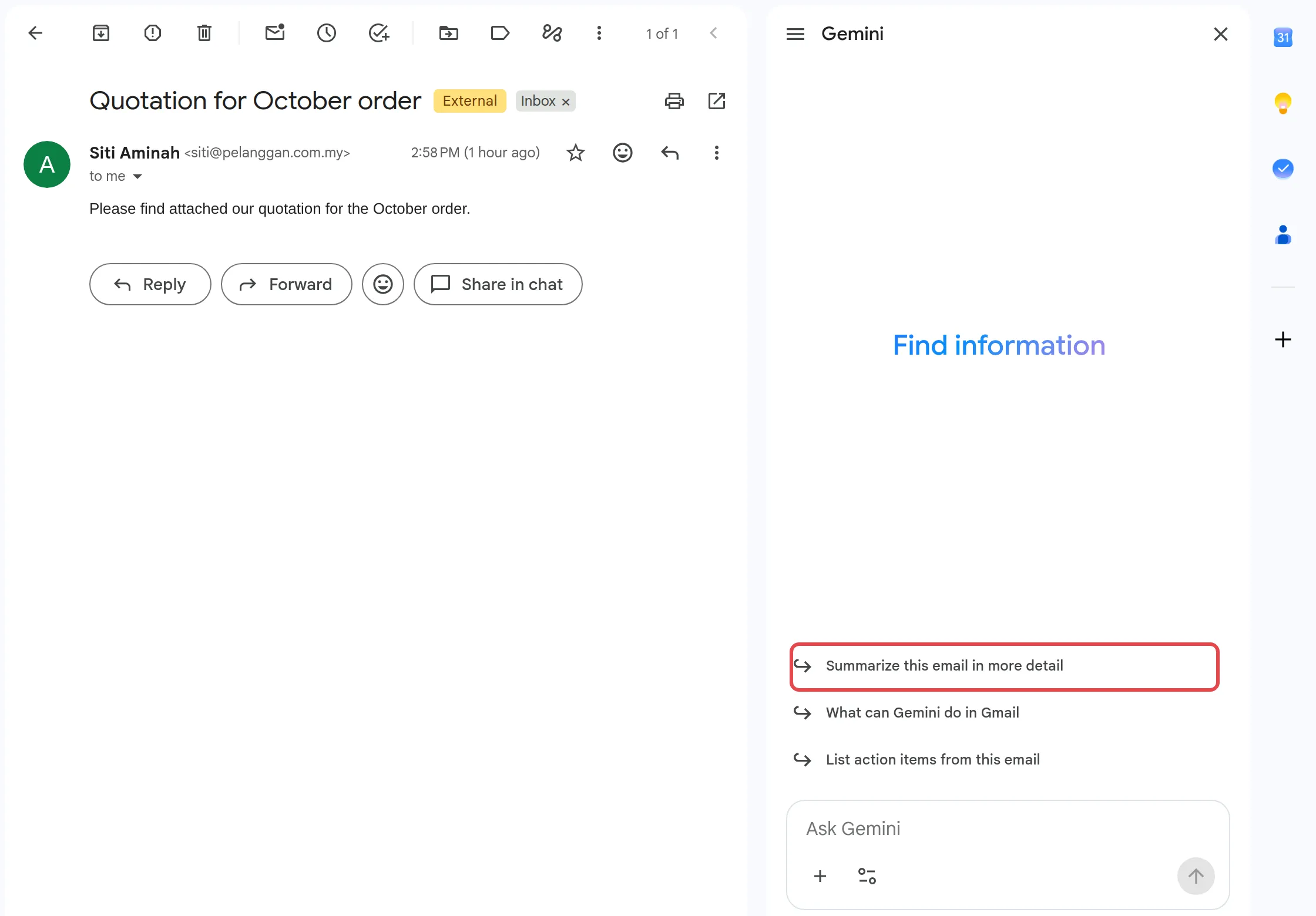 Summarize this email in more detail suggestion in the Gemini side panel, next to an open sample email