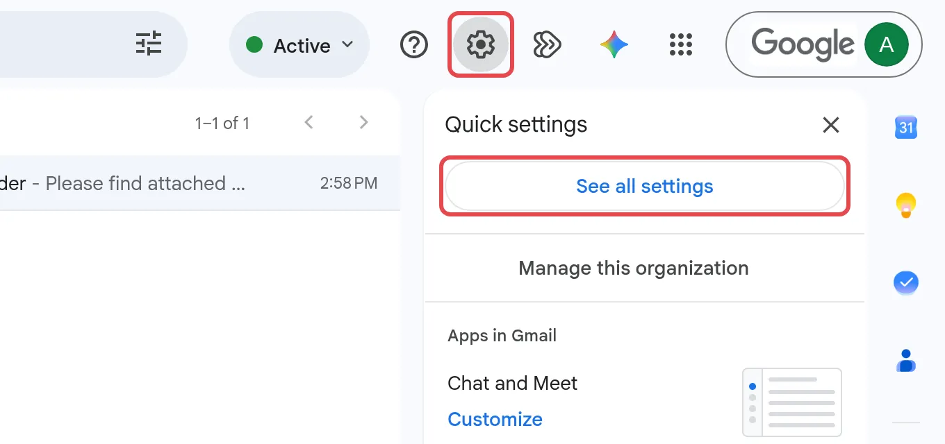 Gmail gear icon and the See all settings button