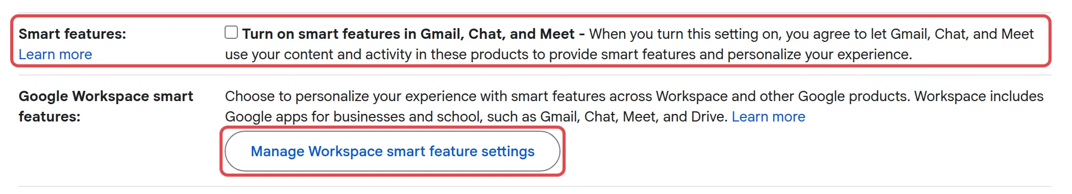 General tab with the Smart features box and the Manage Workspace smart feature settings button
