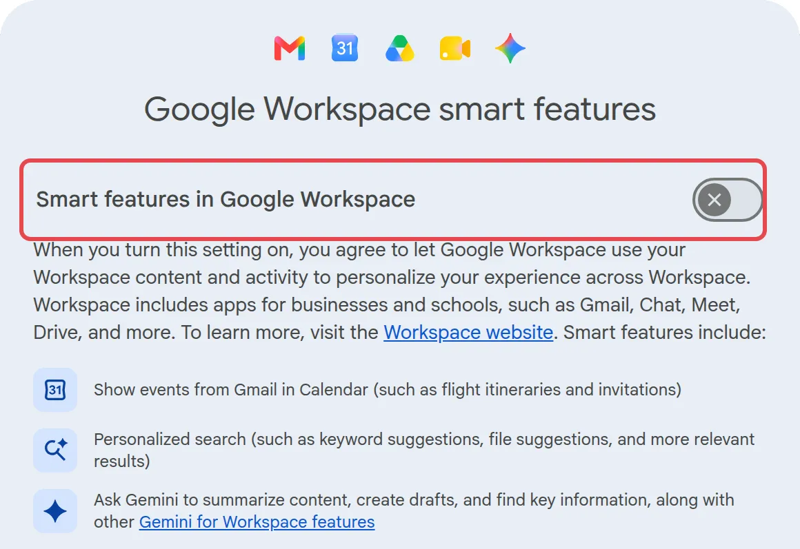 Google Workspace smart features window with the Smart features in Google Workspace switch