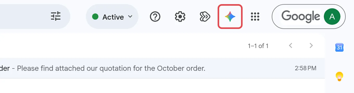 Ask Gemini icon at the top right of Gmail