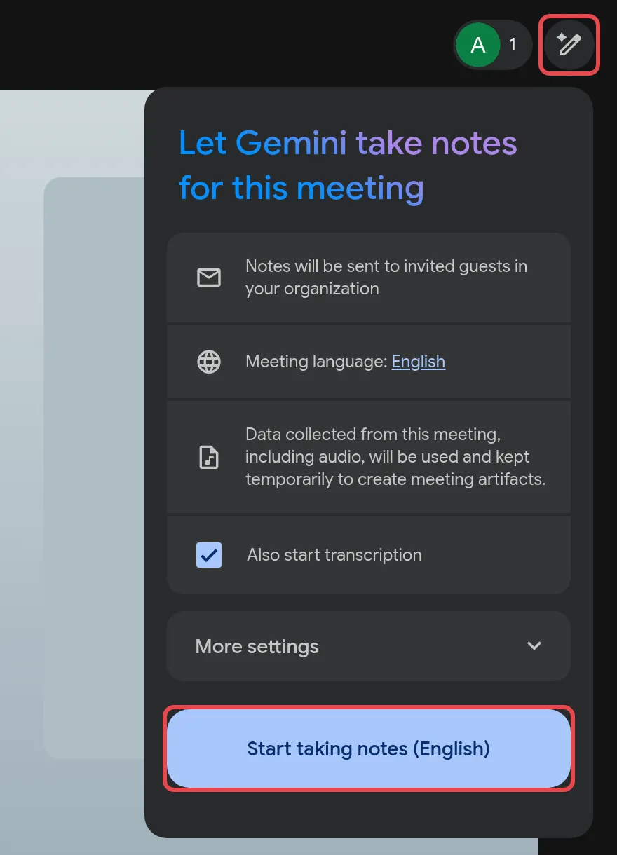 Take notes button at the top right of a meeting, with the Start taking notes button