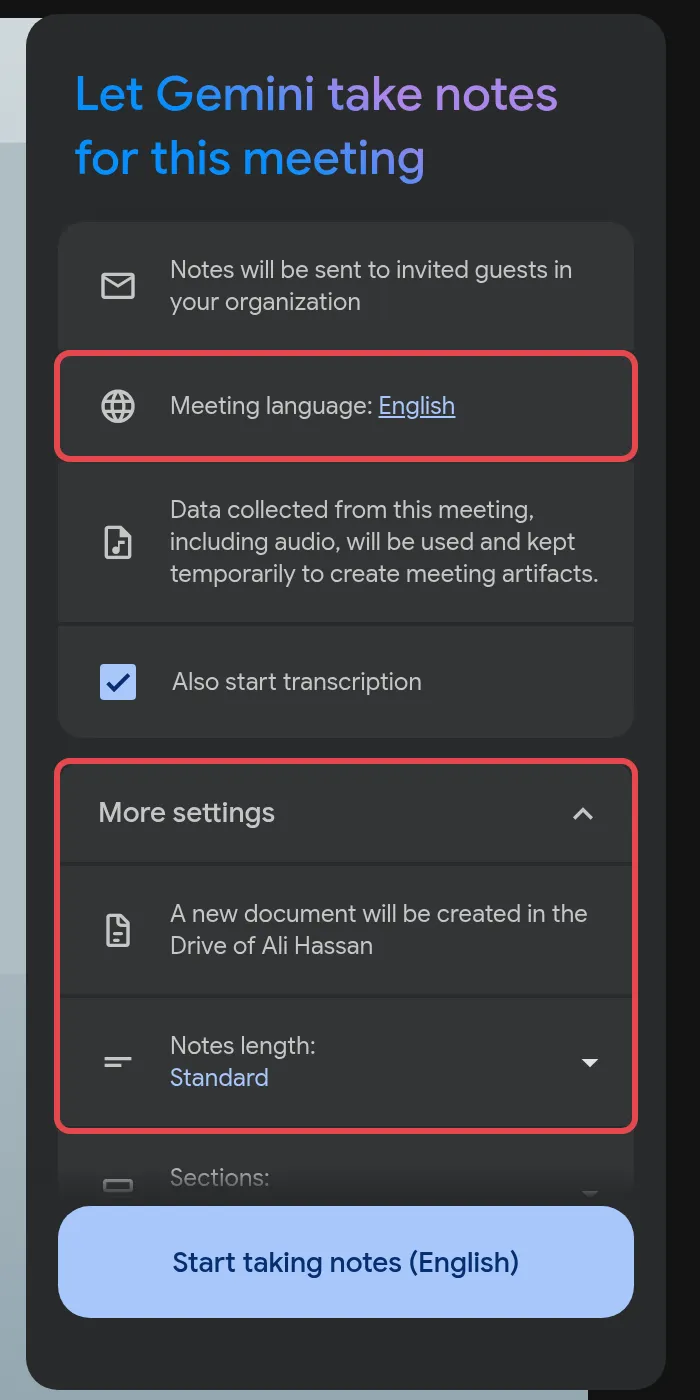 Meeting language and More settings with the notes document and Notes length