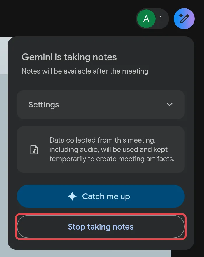 Gemini is taking notes panel with the Stop taking notes button