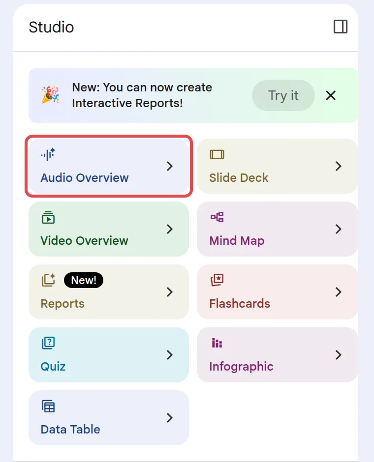 Studio panel with Audio Overview highlighted