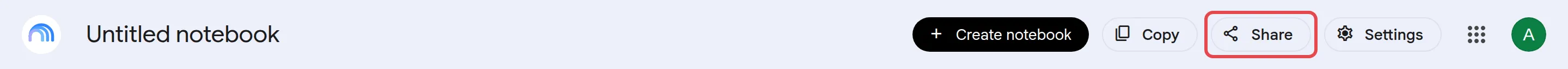 Gemini Notebook top bar with the Share button