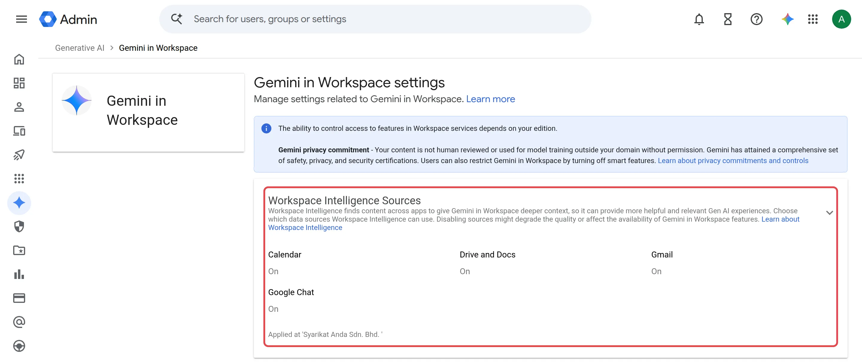 Workspace Intelligence Sources in the Admin console with Calendar, Drive and Docs, Gmail and Google Chat