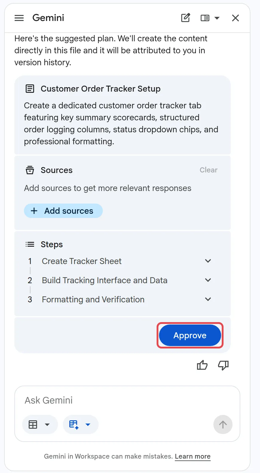 Gemini’s suggested plan for a customer order tracker, with the Approve button