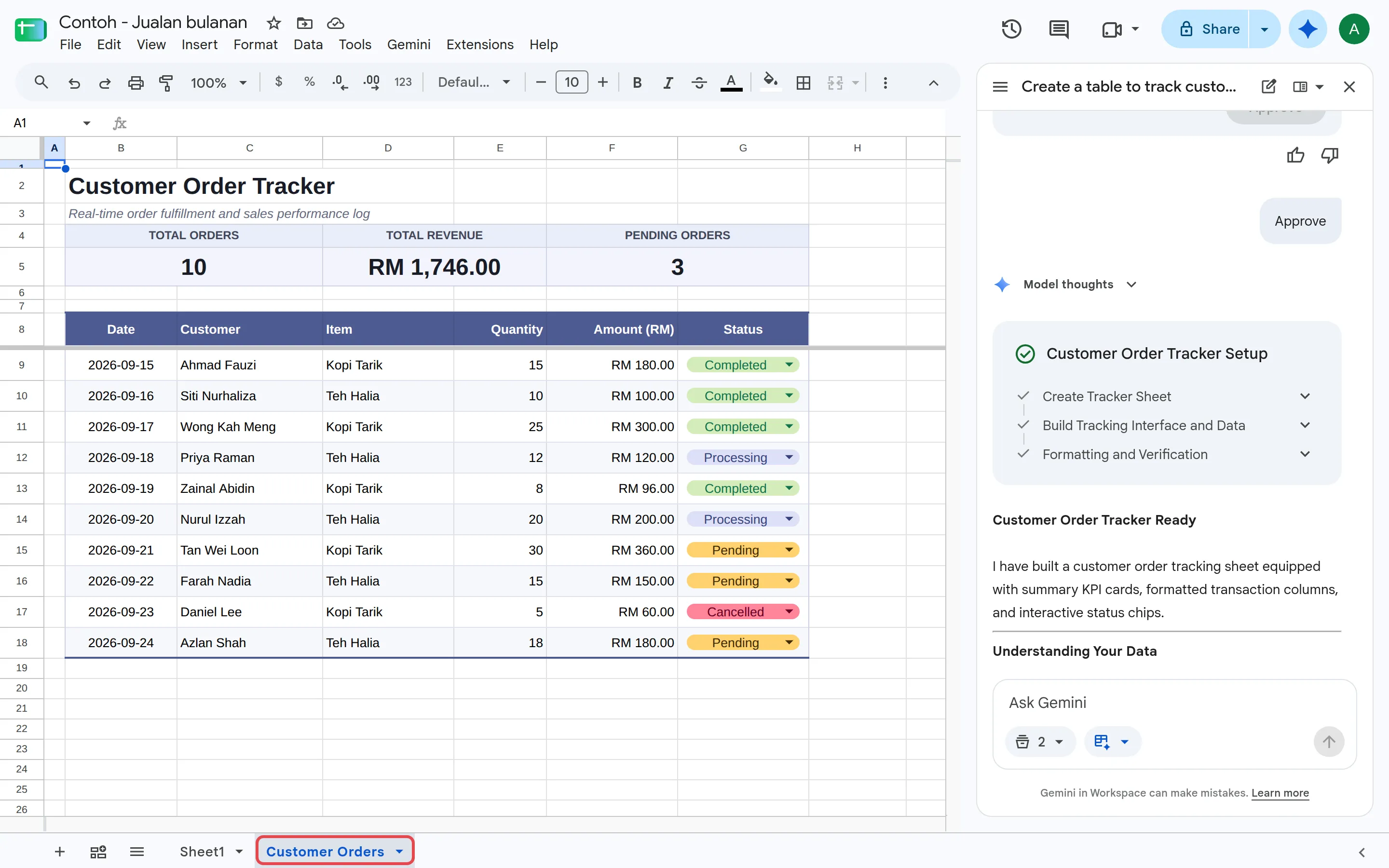Sample customer order tracker built by Gemini in a new Customer Orders tab