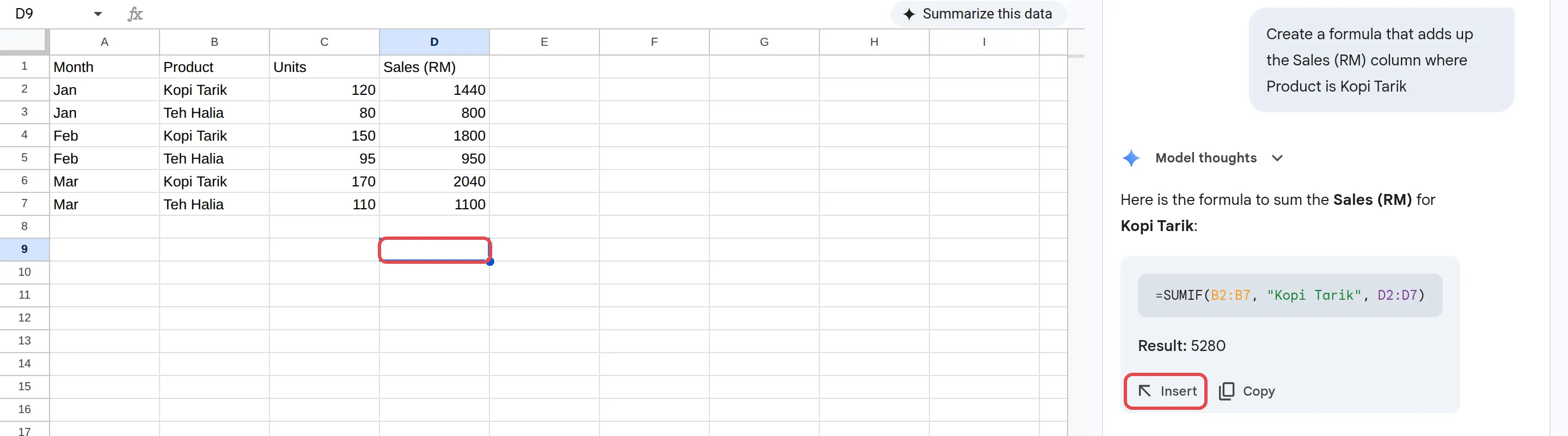 Selected cell in a sample sales sheet and the SUMIF formula from Gemini with the Insert button