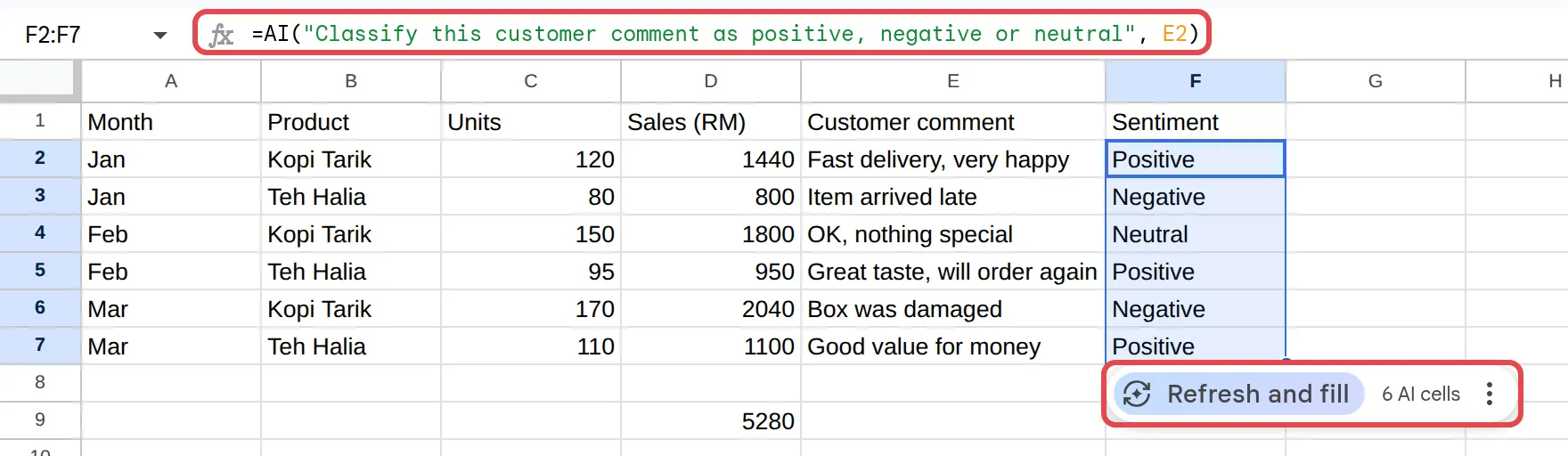 AI function in the formula bar, sentiment results in the column and the Refresh and fill button