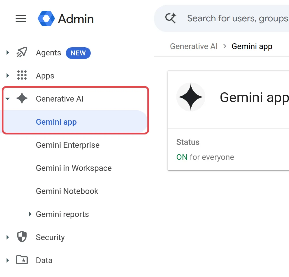 Admin console menu with Generative AI > Gemini app highlighted