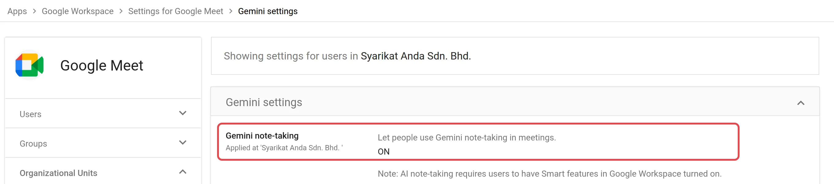 Gemini settings page for Google Meet with Let people use Gemini note-taking in meetings set to ON